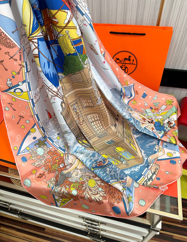 Square Scarf 90 CM Pink Orange Colorful Silk