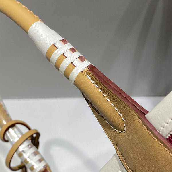 STEEPLE 28 BAG IN OFF-WHITE MIX PERSIAN PLUM RED CANVAS AND BROWN SWIFT LEATHER