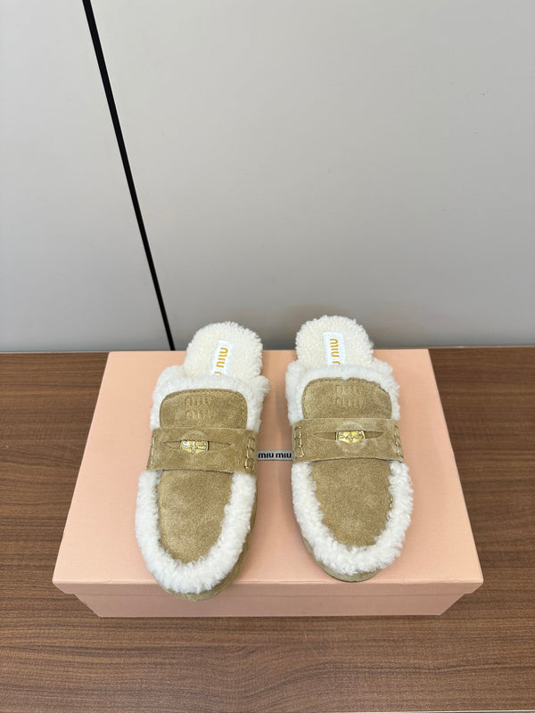Miu Mule Half Fur Light Brown Suede