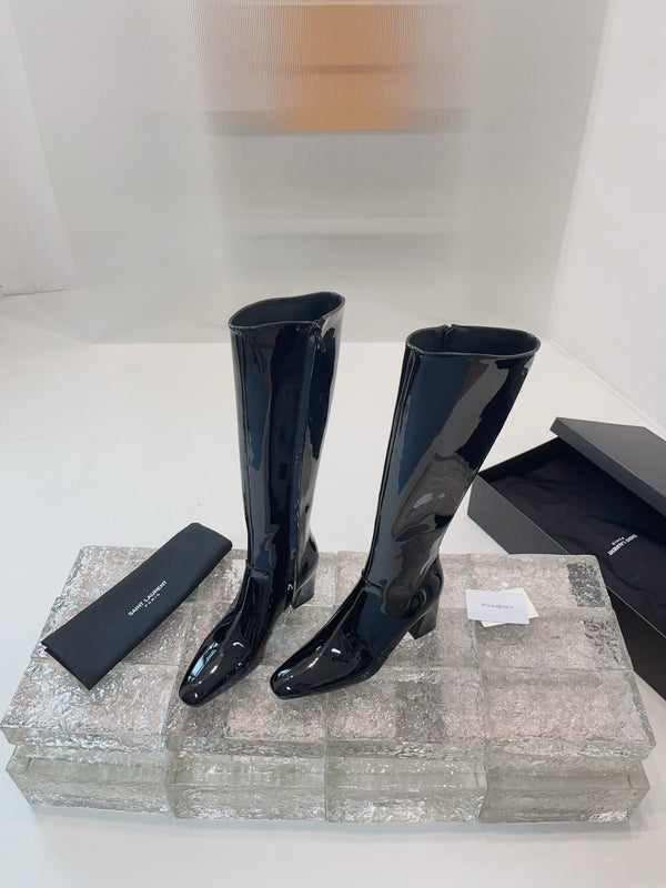 YSL 25 High Heeled Long Boot Black Patent Leather 522261