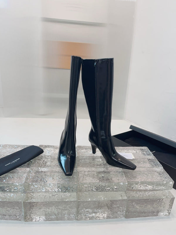 YSL 25 High Heeled Long Boot Black Cowhide 522263
