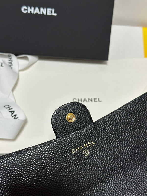 CC Classic Long Flap Wallet Black Quilted Caviar Gold Buckle 243676