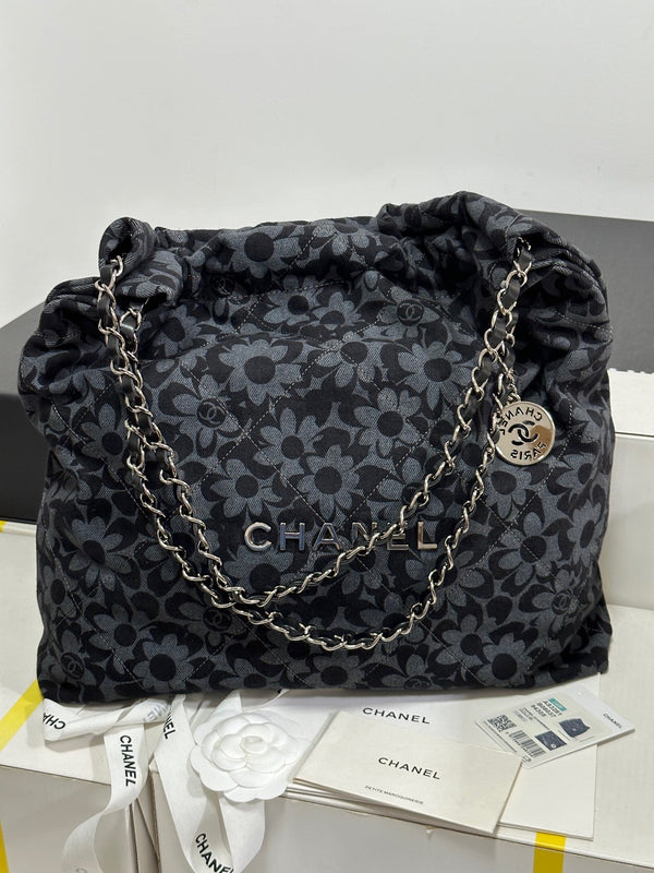CC 22 Bag Gray Black Camellia Pattern Demin Silver Hardware 243625