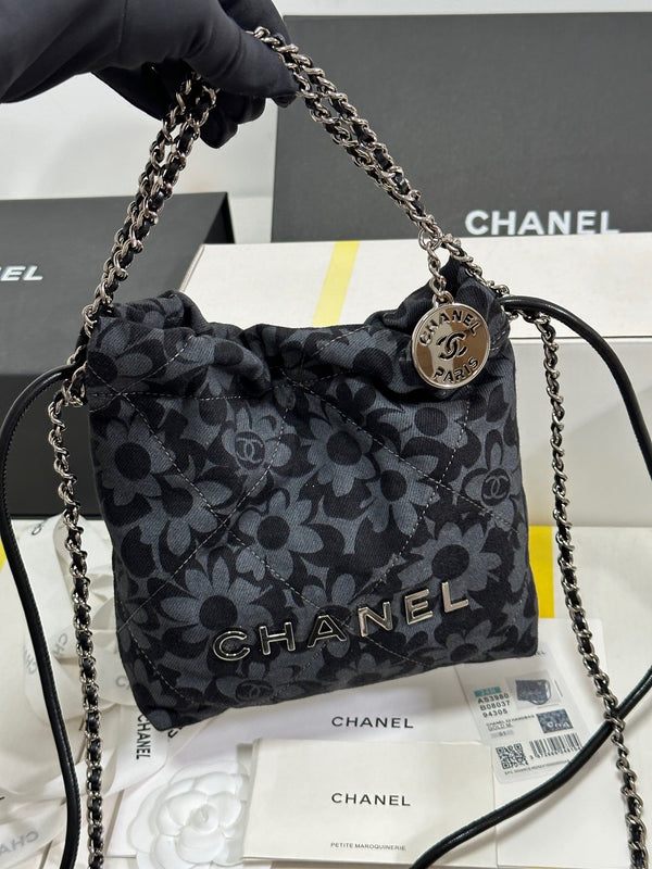 CC 22 Bag Mini Gray Black Camellia Pattern Demin Silver Hardware 243630
