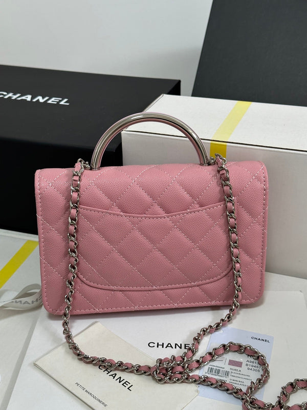 CC 25P Wallet Woc Handle 19cm Pink Pastel Leather Silver Hardware 243448