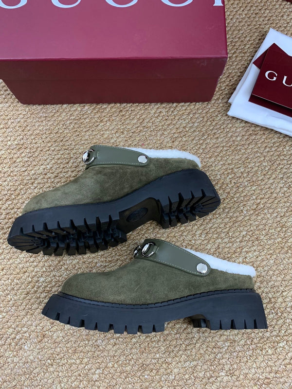 Gucci FW 25 Horsebit Suede Clog Dark Green Suede with Shearling 506446