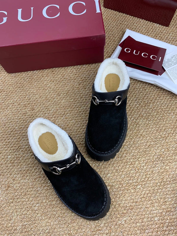 Gucci FW 25 Horsebit Suede Clog Black Suede with Shearling 506445