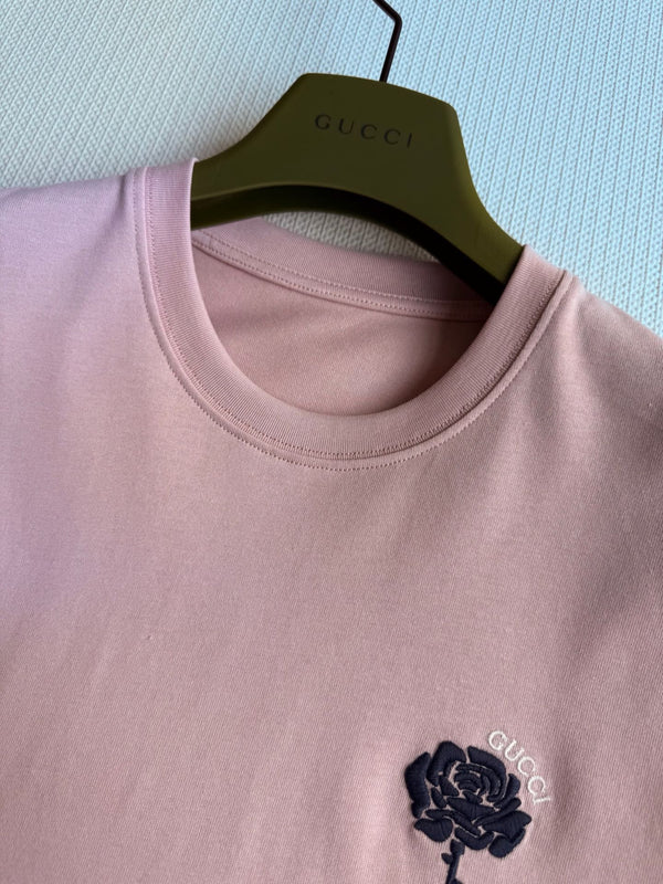 Gucci Embroidered Roses Short-sleeved T-shirt Pink Cotton