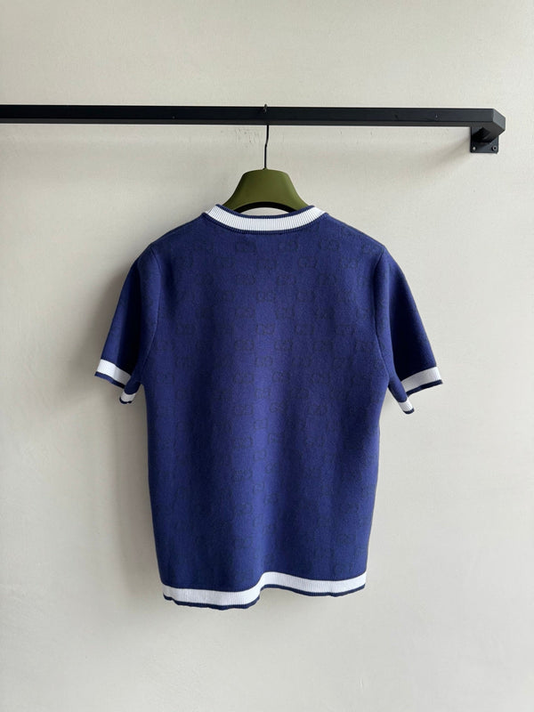 Gucci Knitted Short Sleeve T-shirt Navy Blue Cotton