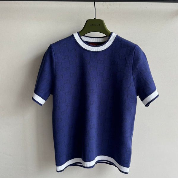 Gucci Knitted Short Sleeve T-shirt Navy Blue Cotton