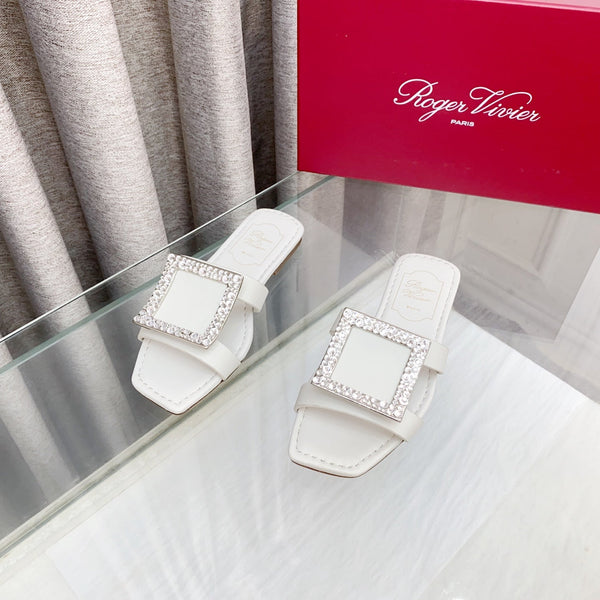 Viv 25 Diamond Flat Slippers White Cowhide 283036