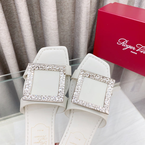 Viv 25 Diamond Flat Slippers White Cowhide 283036