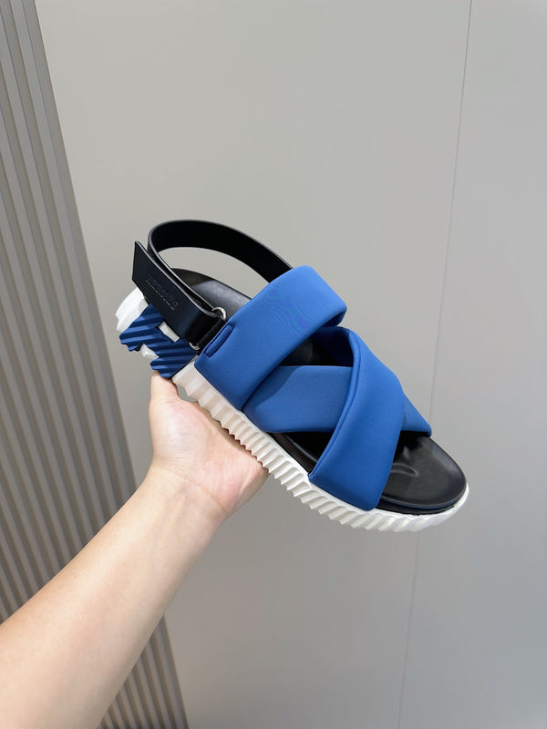 HM ELECTRIC SANDAL COBALT FABRIC AND CALFSKIN