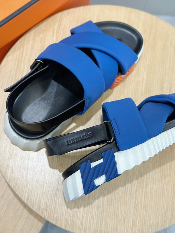 HM ELECTRIC SANDAL COBALT FABRIC AND CALFSKIN