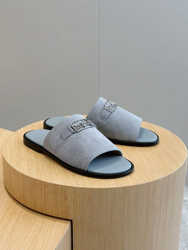 HM SILVER BUCKLE SLIPPERS CERULEAN SUEDE