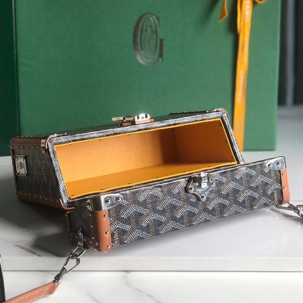 CASSETTE TRUNK BAG 21 IN TAN BROWN GOYARDINE CANVAS & CLAMECY COWHIDE