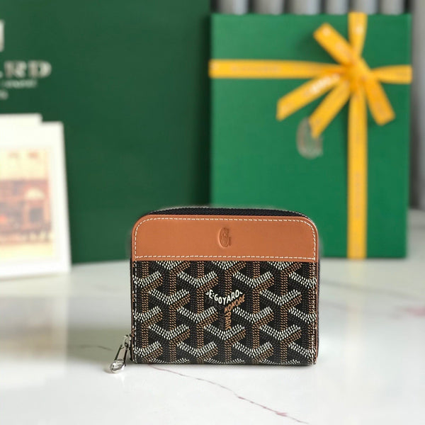 PORTAFOGLIO MINI MATIGNON 11 IN TELA GOYARDINE NERA E PELLE DI VITELLO MARRONE CHIARO