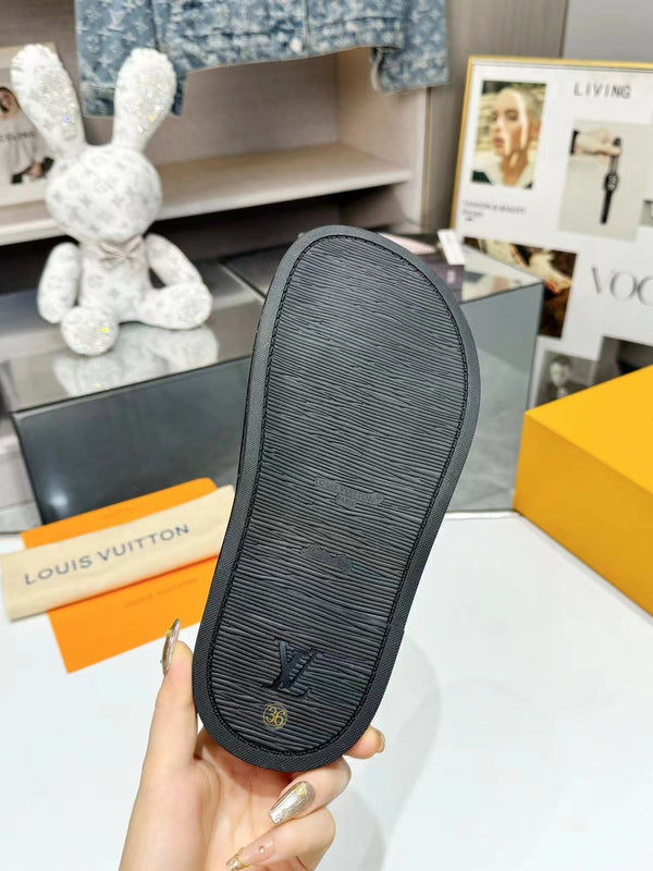 lv bliss flat mule grey canvas black calfskin