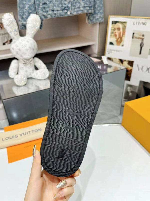LV Bliss Flat Mule in tela nera e pelle di vitello