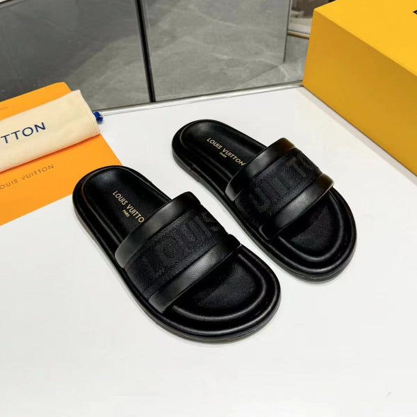 LV Bliss Flat Mule in tela nera e pelle di vitello