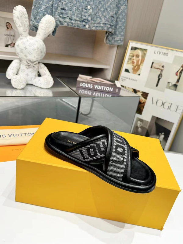 lv bliss cross sandal mule black textile calfskin