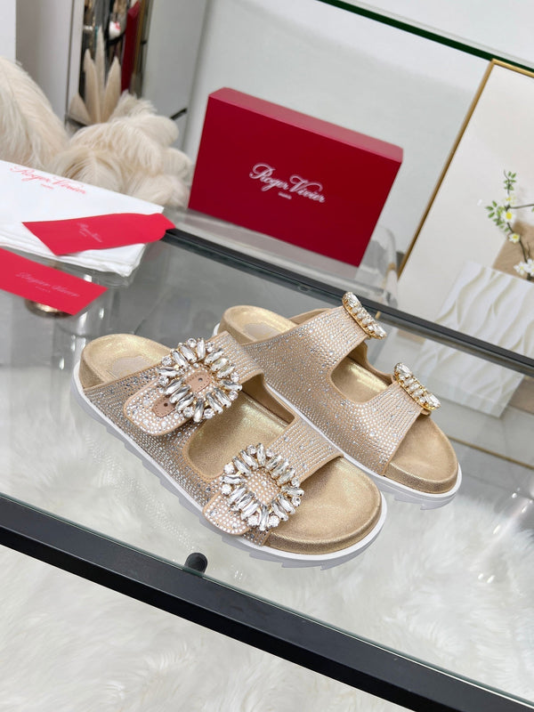 Viv 25 Slidy Diamond Slippers Gold PVC Silk Cowhide 259286