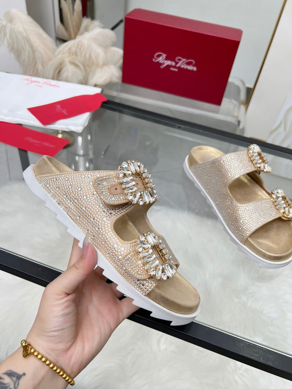 Viv 25 Slidy Diamond Slippers Gold PVC Silk Cowhide 259286