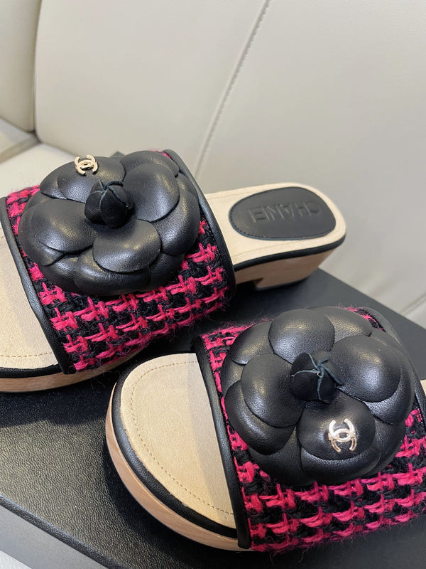 cc mule sandal 45 black red fabric beige calfskin