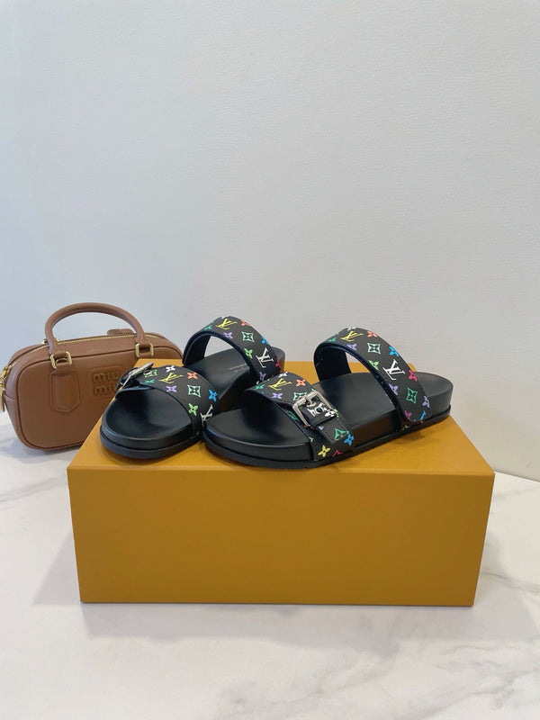 Bom Dia Flat Comfort Mule Black and Multicolored Monogram Canvas 241333