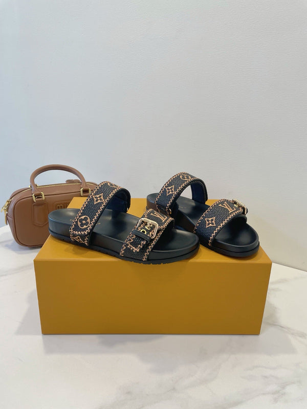 Bom Dia Flat Comfort Mule Marrone Nero Monogramma Stampa in Rilievo Classico 241335