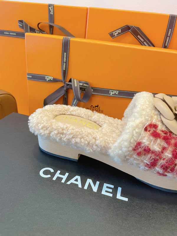 CC 25C Logo Slippers 50mm Multicolor Shearling Wood Sheepskin 423694