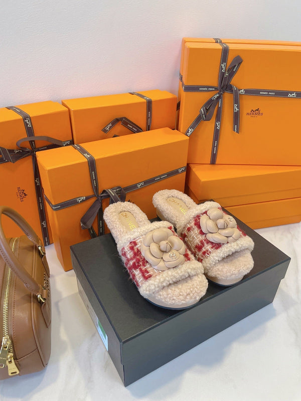 CC 25C Logo Slippers 50mm Multicolor Shearling Wood Sheepskin 423694