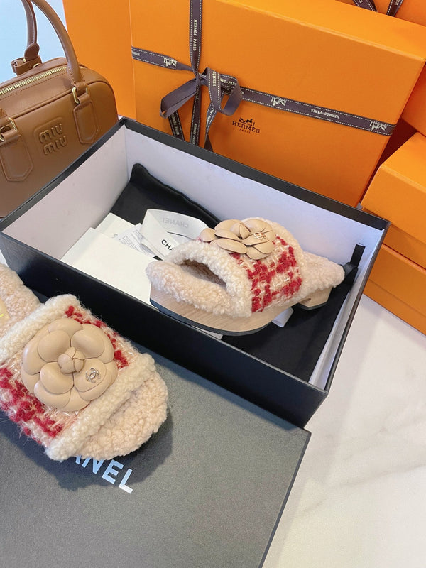 CC 25C Logo Slippers 50mm Multicolor Shearling Wood Sheepskin 423694