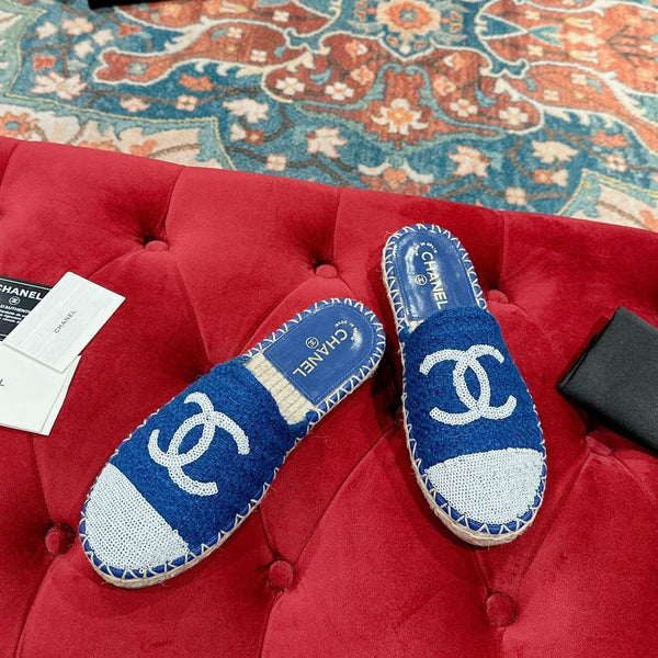 cc mule espadrillas blu tweed paillettes bianche