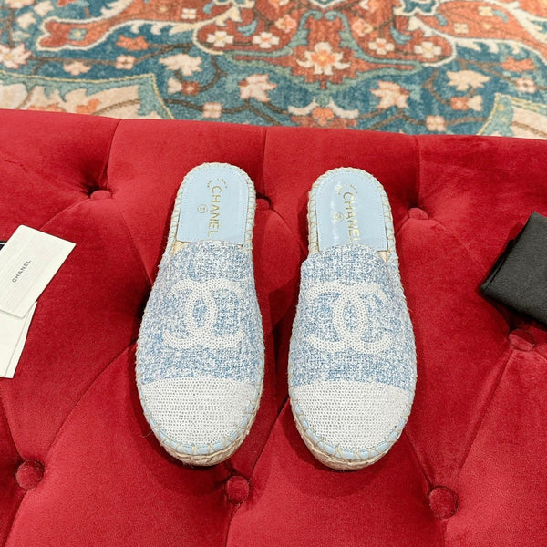 cc mule espadrillas tessuto blu nuvola paillettes bianche