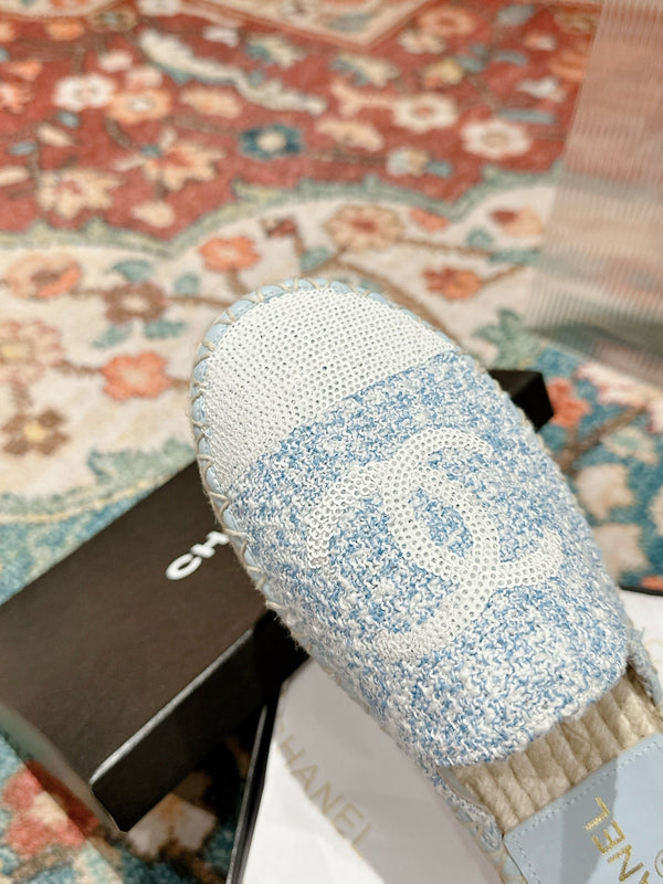 cc mule espadrillas tessuto blu nuvola paillettes bianche