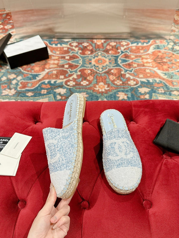 cc mule espadrillas tessuto blu nuvola paillettes bianche