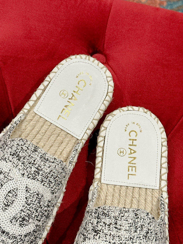 cc espadrillas mule tessuto grigio paillettes bianche