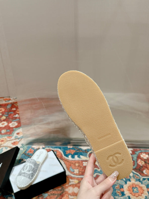 cc espadrillas mule tessuto grigio paillettes bianche