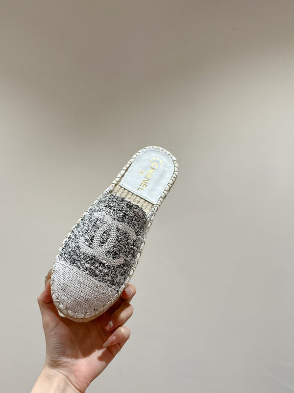 cc espadrillas mule tessuto grigio paillettes bianche