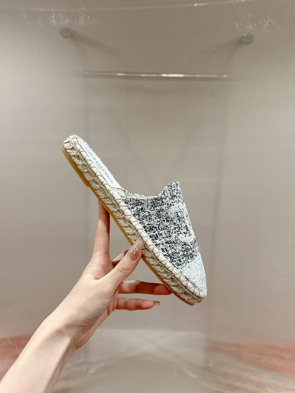 cc espadrillas mule tessuto grigio paillettes bianche