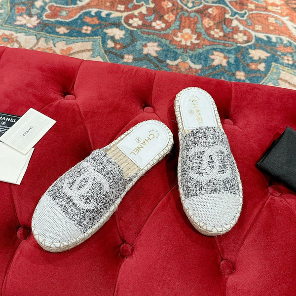 cc espadrillas mule tessuto grigio paillettes bianche