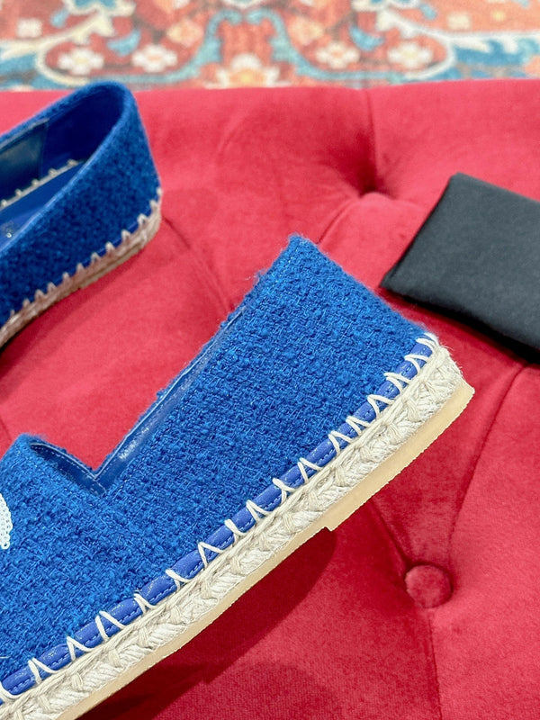 espadrillas cc blu cotone tweed paillettes bianche