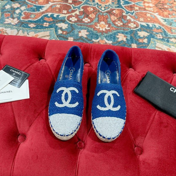 espadrillas cc blu cotone tweed paillettes bianche