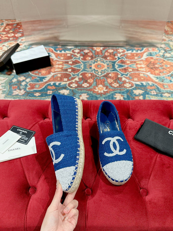espadrillas cc blu cotone tweed paillettes bianche