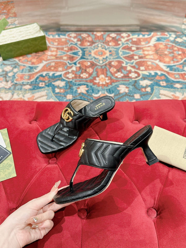 HIGH THONG MULE 55MM IN BLACK CALFSKIN WITH GOLD HARDWARE