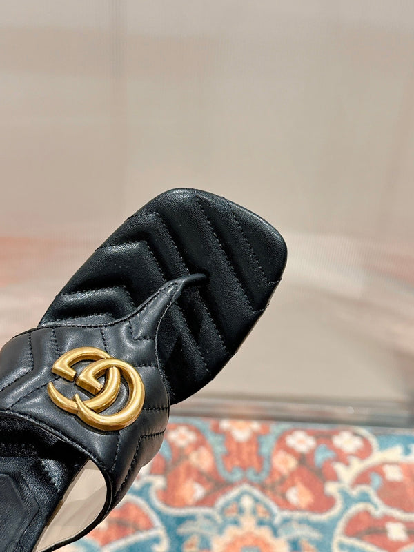 HIGH THONG MULE 55MM IN BLACK CALFSKIN WITH GOLD HARDWARE