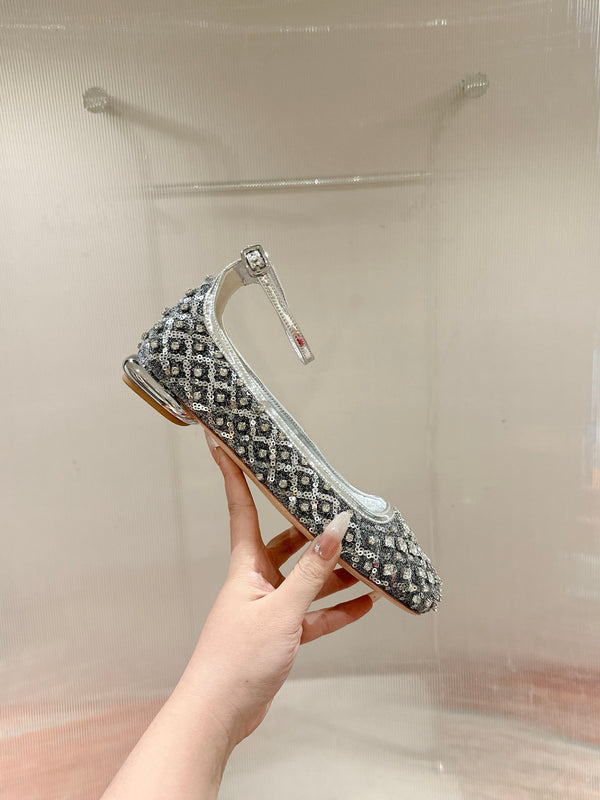 Viv 25 Mary Jane Flats Silver Fabric Rhinestone 247124