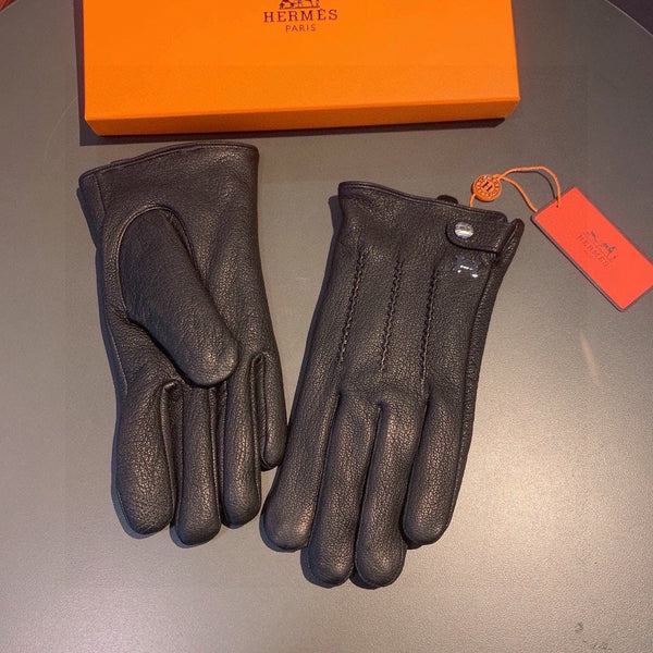 GUANTI HUBERT IN PELLE DI CERVO NERA CON FODERA IN LANA DI AGNELLO 432639