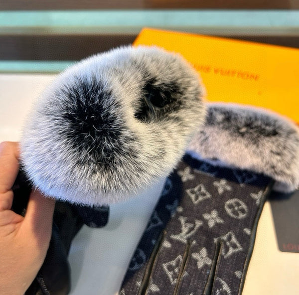 GUANTI SENZA DITA IN DENIM MONOGRAM NERO E PELLE DI AGNELLO CON PELLICCIA DI CONIGLIO 458590